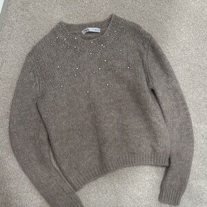 Zara Taupe Beaded Crew Neck Sweater